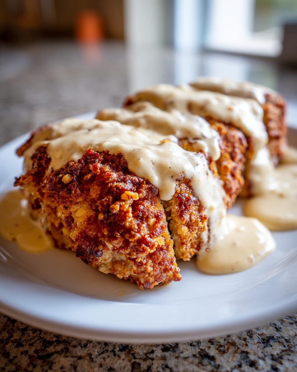 Close-up of sliced, crispy chicken fried steak generously topped with creamy white gravy on a white plate.