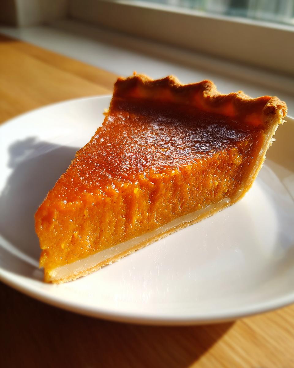 A close-up, sunlit slice of rich orange sweet potato pie on a white plate, showing a smooth filling and flaky crust.