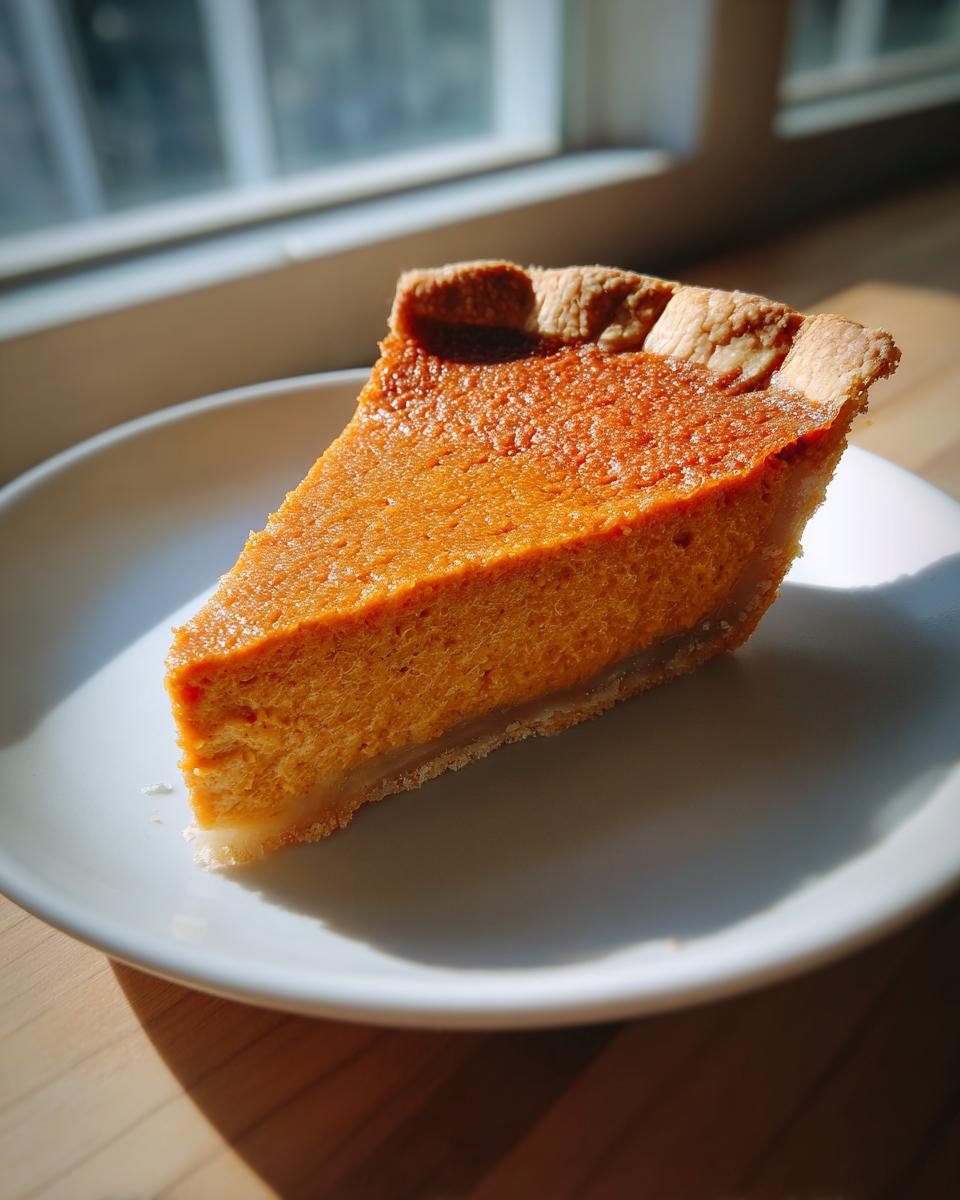 A close-up of a perfectly baked slice of sweet potato pie with a rich orange filling and flaky crust.