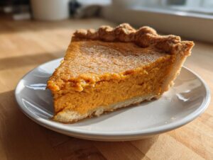 A close-up of a thick slice of velvety sweet potato pie on a white plate, showing the rich orange filling.