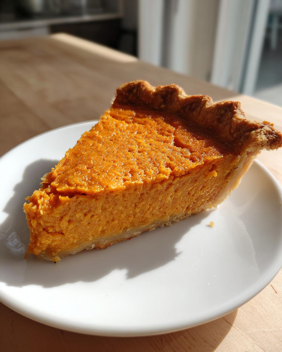 A close-up shot of a thick slice of bright orange sweet potato pie resting on a white plate.