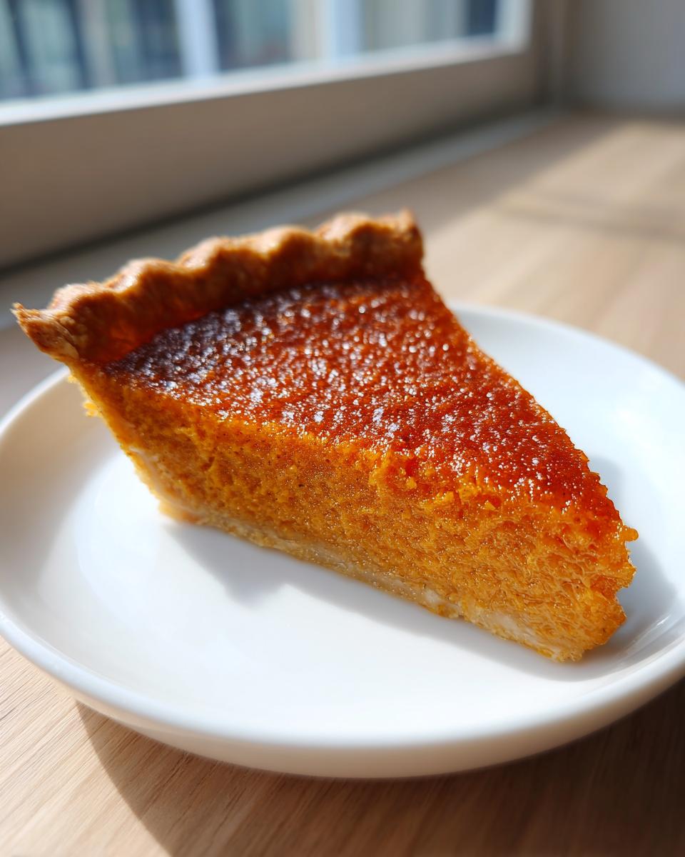 A close-up of a slice of rich, orange sweet potato pie with a glossy, sugared top, served on a white plate.