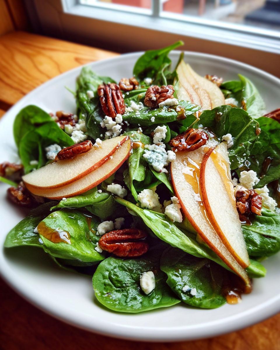 Close-up of a fresh pear salad featuring spinach, sliced pears, pecans, blue cheese crumbles, and a drizzle of dressing.