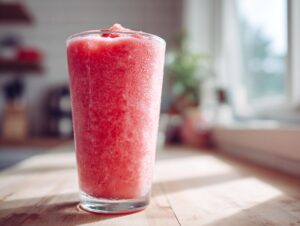 A tall, frosty glass filled with a bright red watermelon smoothie sitting on a sunlit wooden counter.
