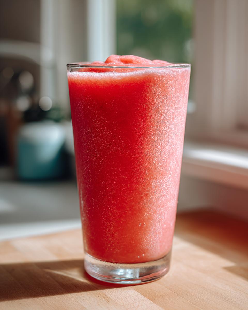 A tall glass filled with a bright red, icy watermelon smoothie sitting on a wooden cutting board.