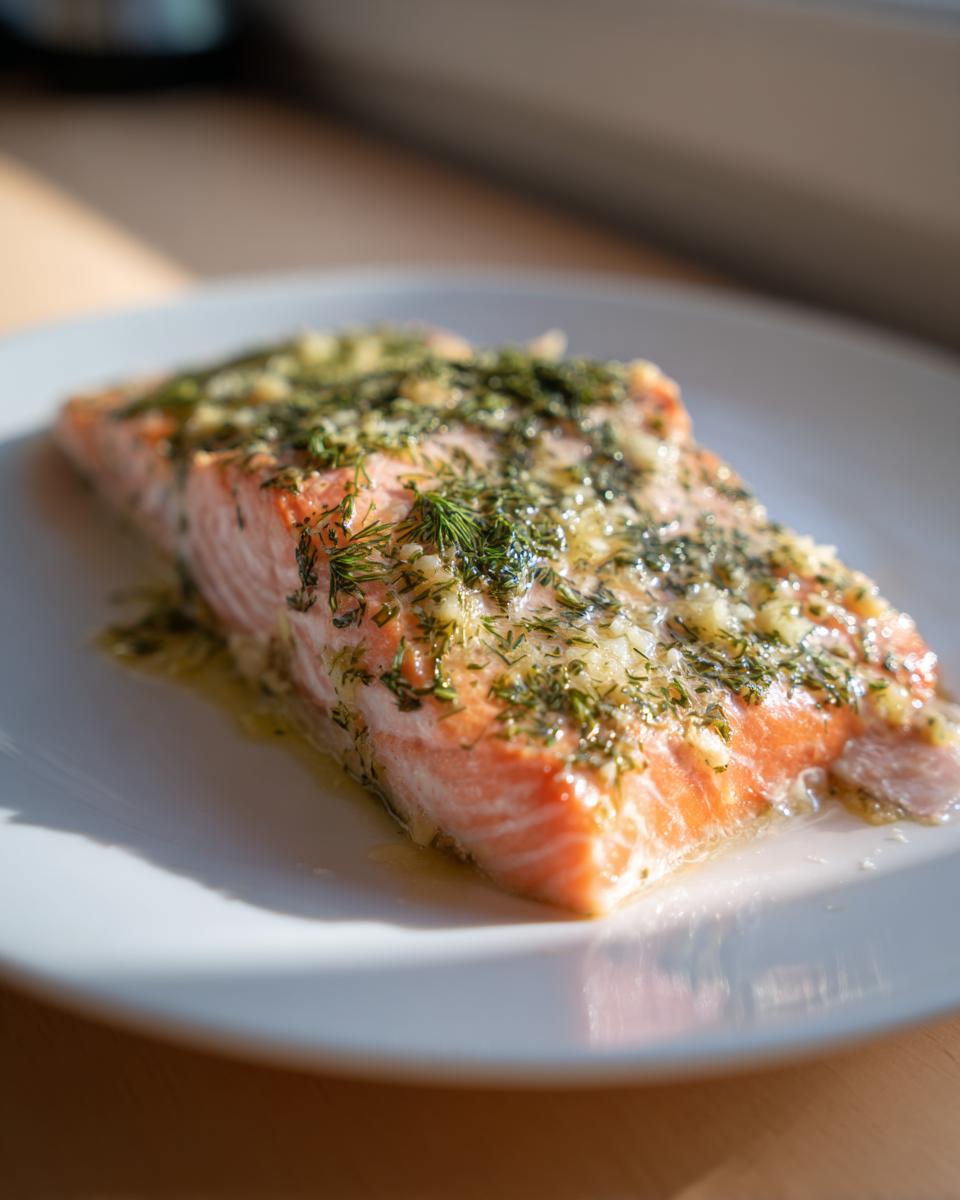 A close-up of a cooked salmon recipe fillet topped with butter, garlic, and fresh dill, sitting on a white plate.