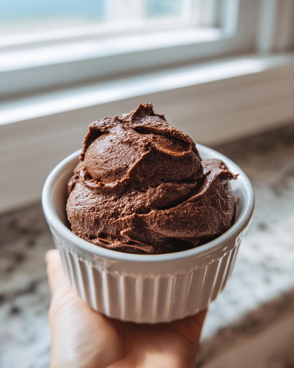 A hand holds a white ramekin filled with rich, dark chocolate mousse, set against a bright window background.