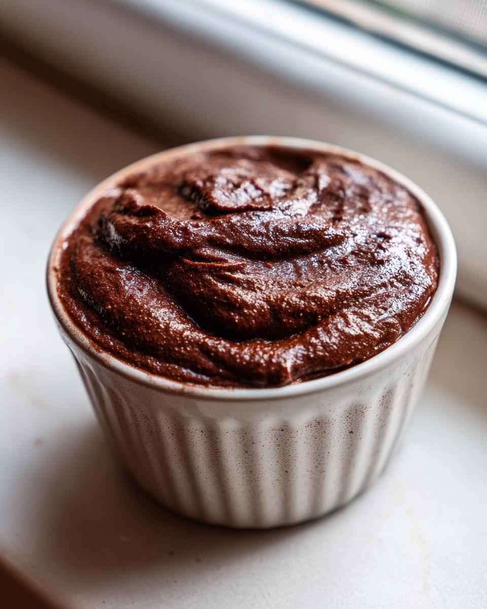 A close-up of rich, dark chocolate mousse swirled in a white, fluted ramekin.