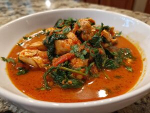Close-up of a rich, orange-red coconut curry with chunks of chicken, wilted spinach, and fresh cilantro garnish.