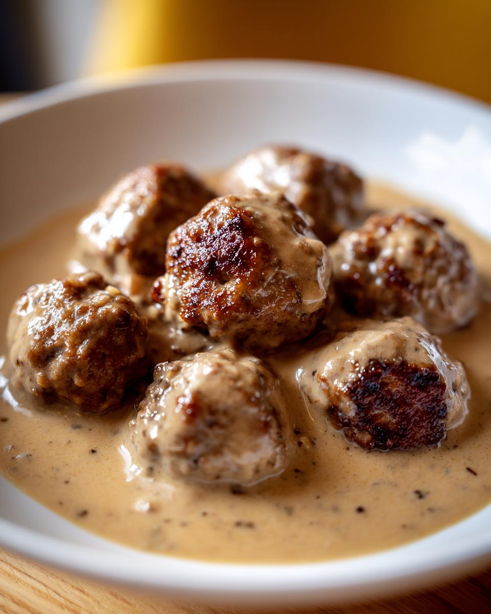 Close-up of perfectly browned Swedish meatballs smothered in a rich, creamy brown sauce.