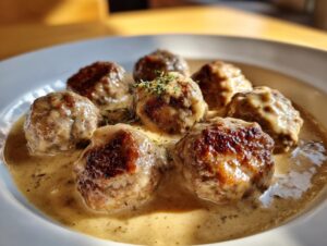 Close-up of seven browned Swedish meatballs swimming in a rich, creamy gravy, garnished with herbs.