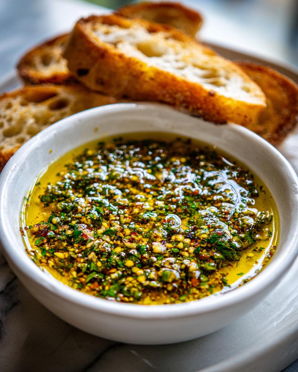 Close-up of a white bowl filled with flavorful herb oil bread dip, served alongside toasted baguette slices.