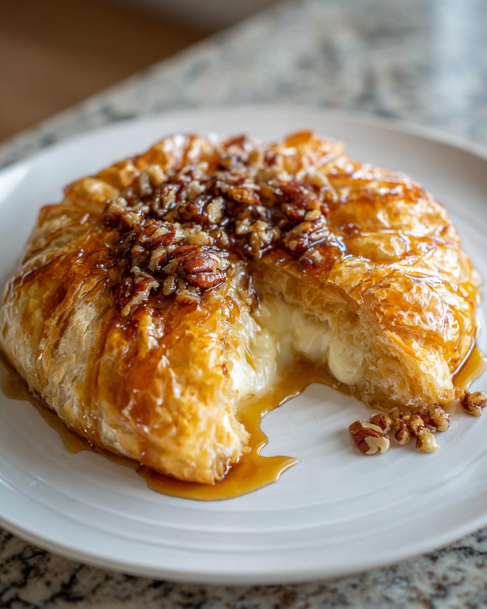 A golden, flaky air fryer baked brie wrapped in puff pastry, cut open to show melted cheese oozing out, topped with pecans and syrup.