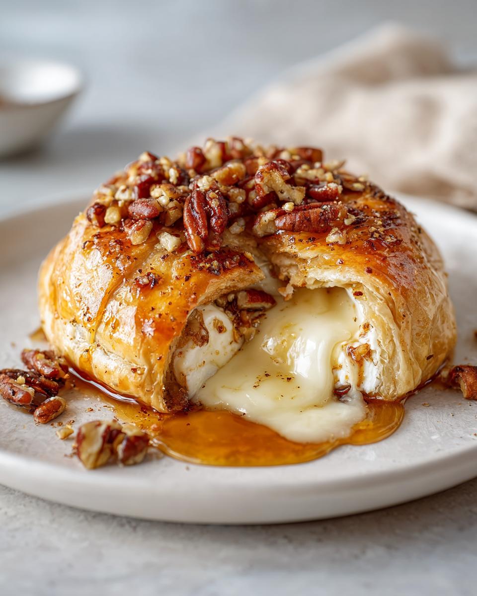 Close-up of air fryer baked brie wrapped in puff pastry, oozing melted cheese and topped with pecans and honey.