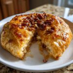 A warm, golden air fryer baked brie wrapped in puff pastry, topped with pecans and honey, with a piece cut out showing the melted cheese.