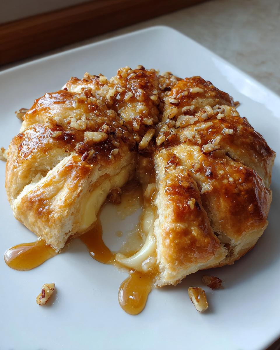 Close-up of air fryer baked brie wrapped in puff pastry, oozing melted cheese and topped with sticky caramelized pecans.