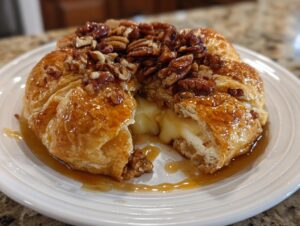 Warm, gooey air fryer baked brie wrapped in puff pastry, topped with glazed pecans and honey.
