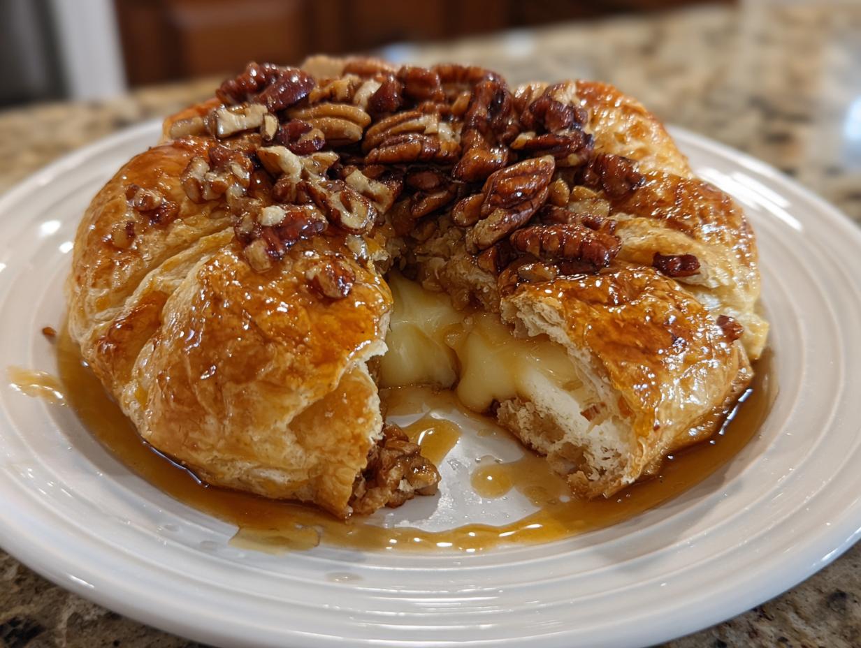 Warm, gooey air fryer baked brie wrapped in puff pastry, topped with glazed pecans and honey.