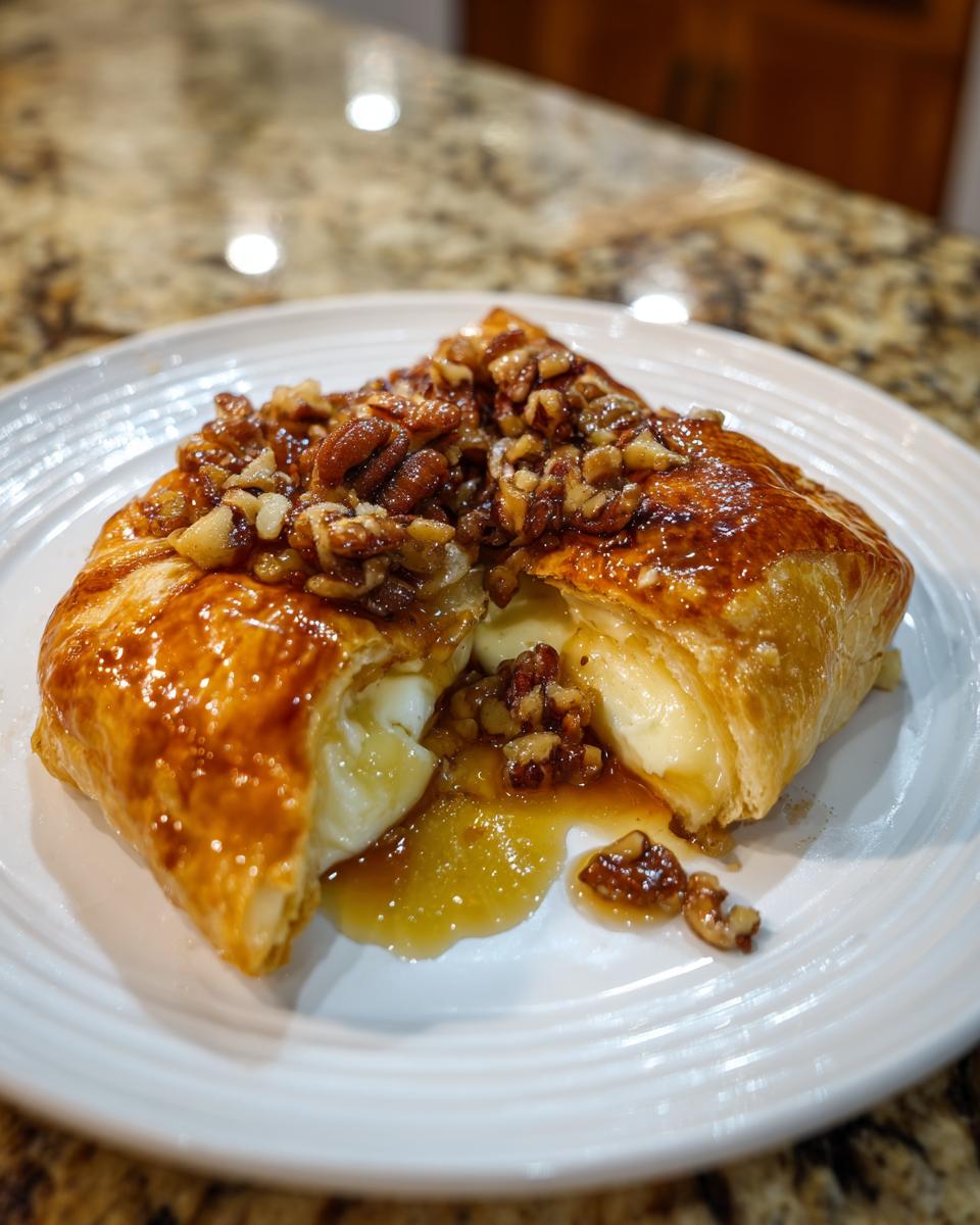 Close-up of air fryer baked brie wrapped in puff pastry, cut open to show melted cheese and pecan topping.