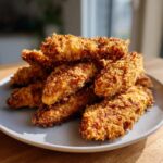 A pile of golden brown, crispy air fryer frozen chicken tenders stacked on a light gray plate.