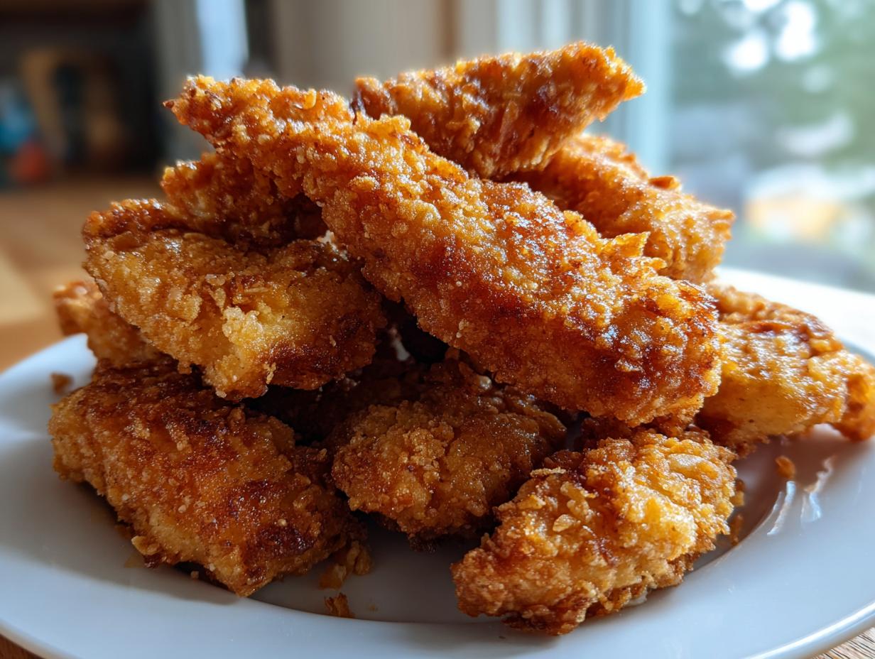 A close-up stack of golden brown, crispy air fryer frozen chicken tenders piled high on a white plate.