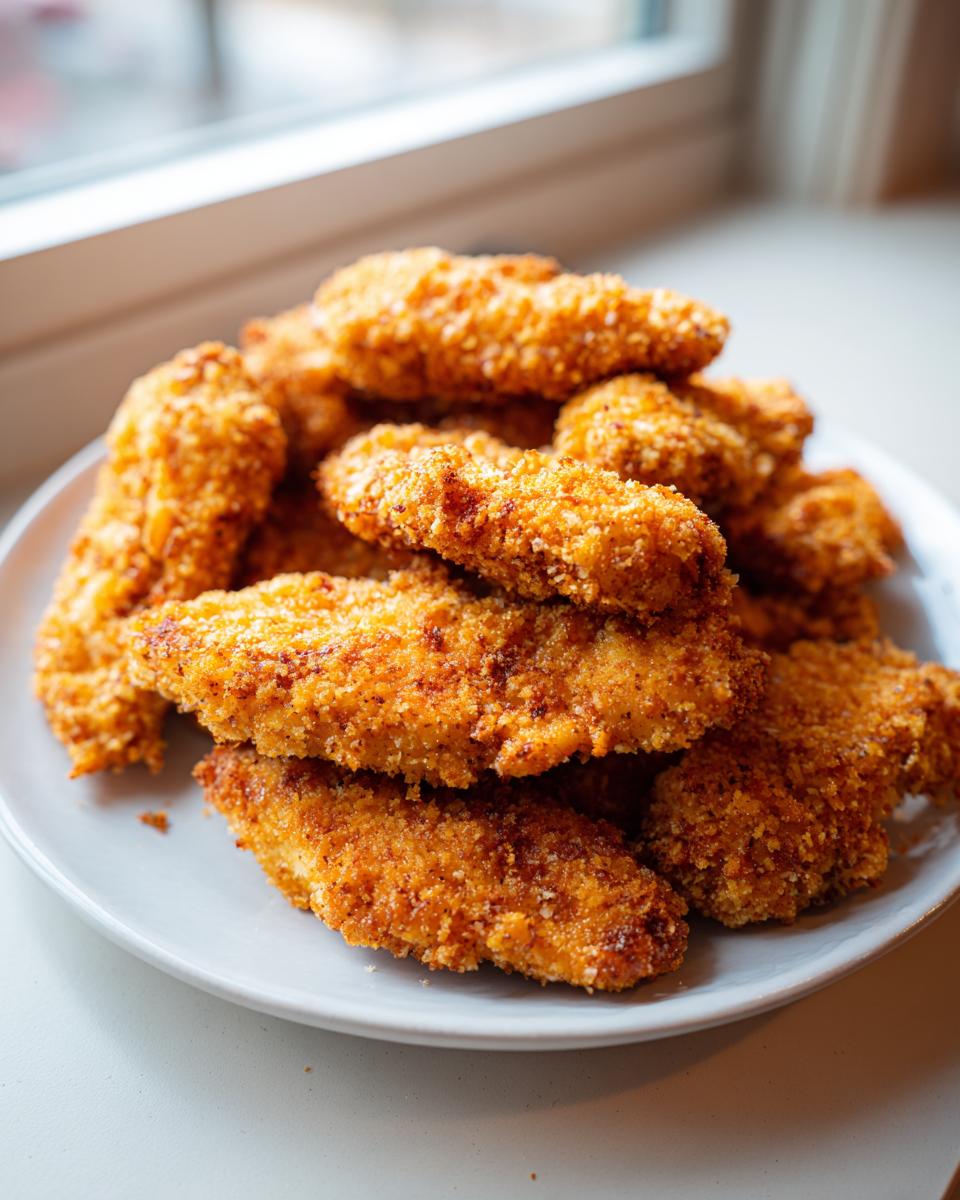 A pile of golden brown, crispy air fryer frozen chicken tenders stacked high on a white plate.