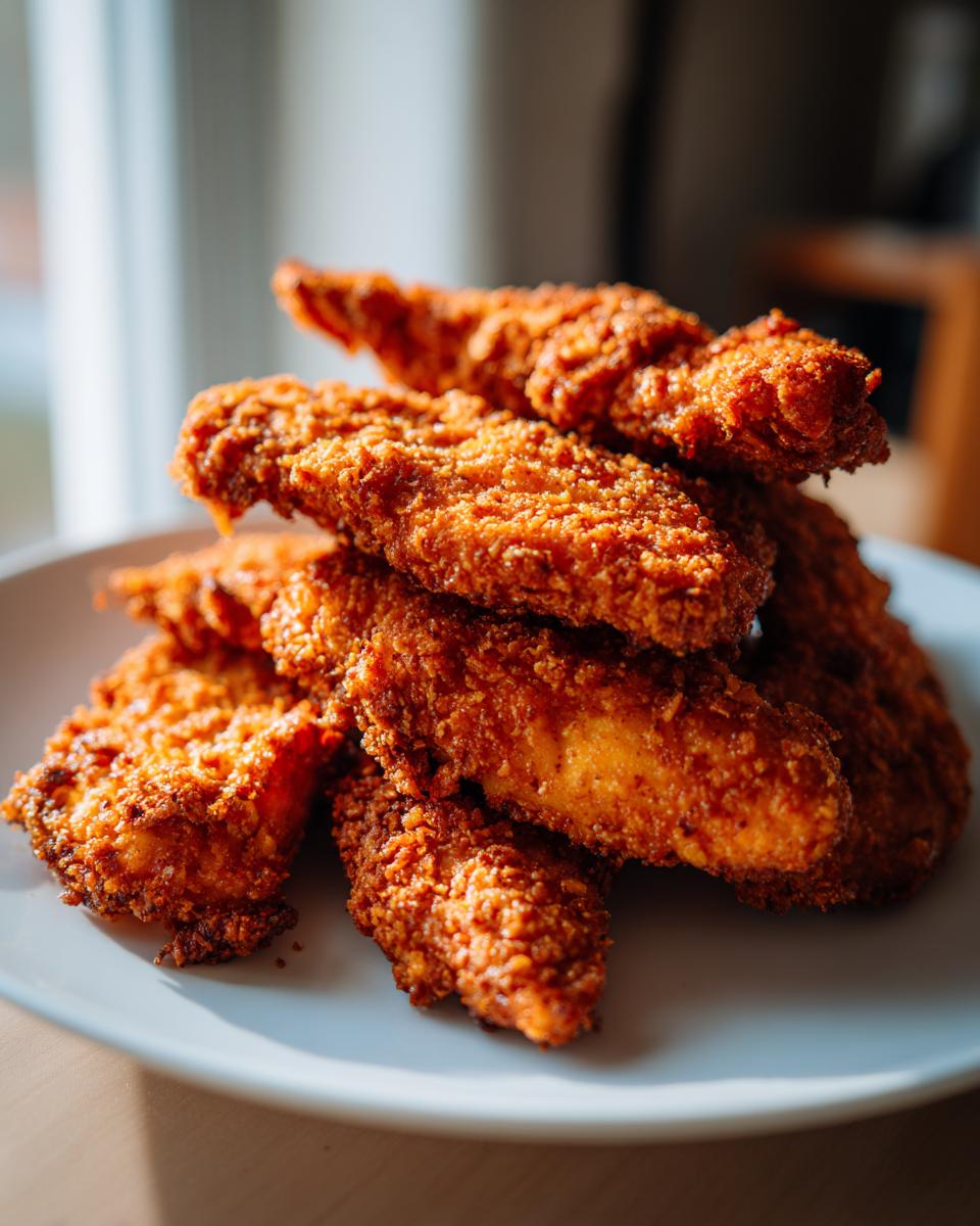 A close-up stack of golden brown, crispy air fryer frozen chicken tenders on a white plate.