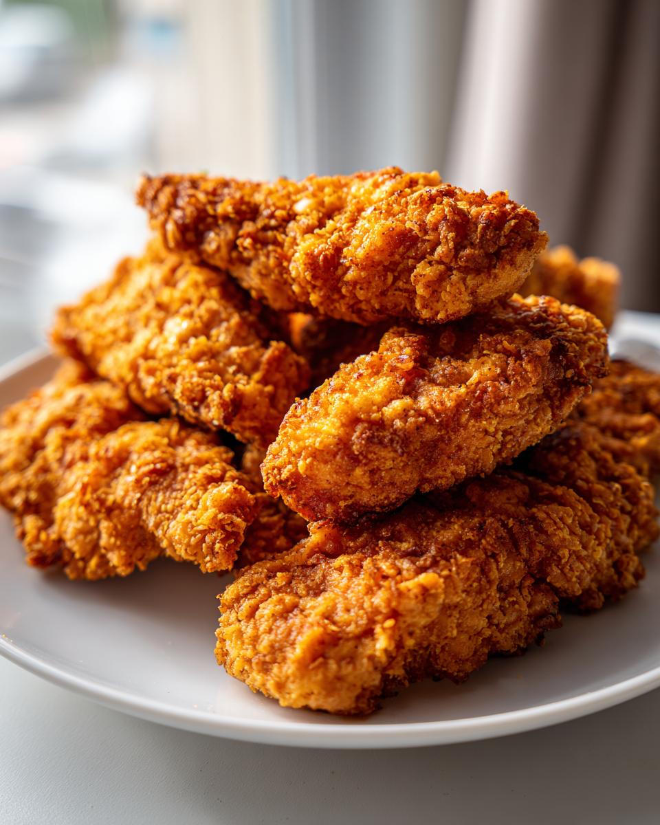 A close-up stack of golden brown, crispy air fryer frozen chicken tenders piled high on a white plate.