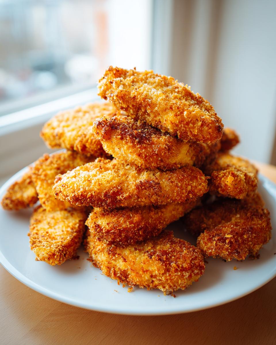 A tall stack of golden brown, crispy air fryer frozen chicken tenders piled high on a white plate.