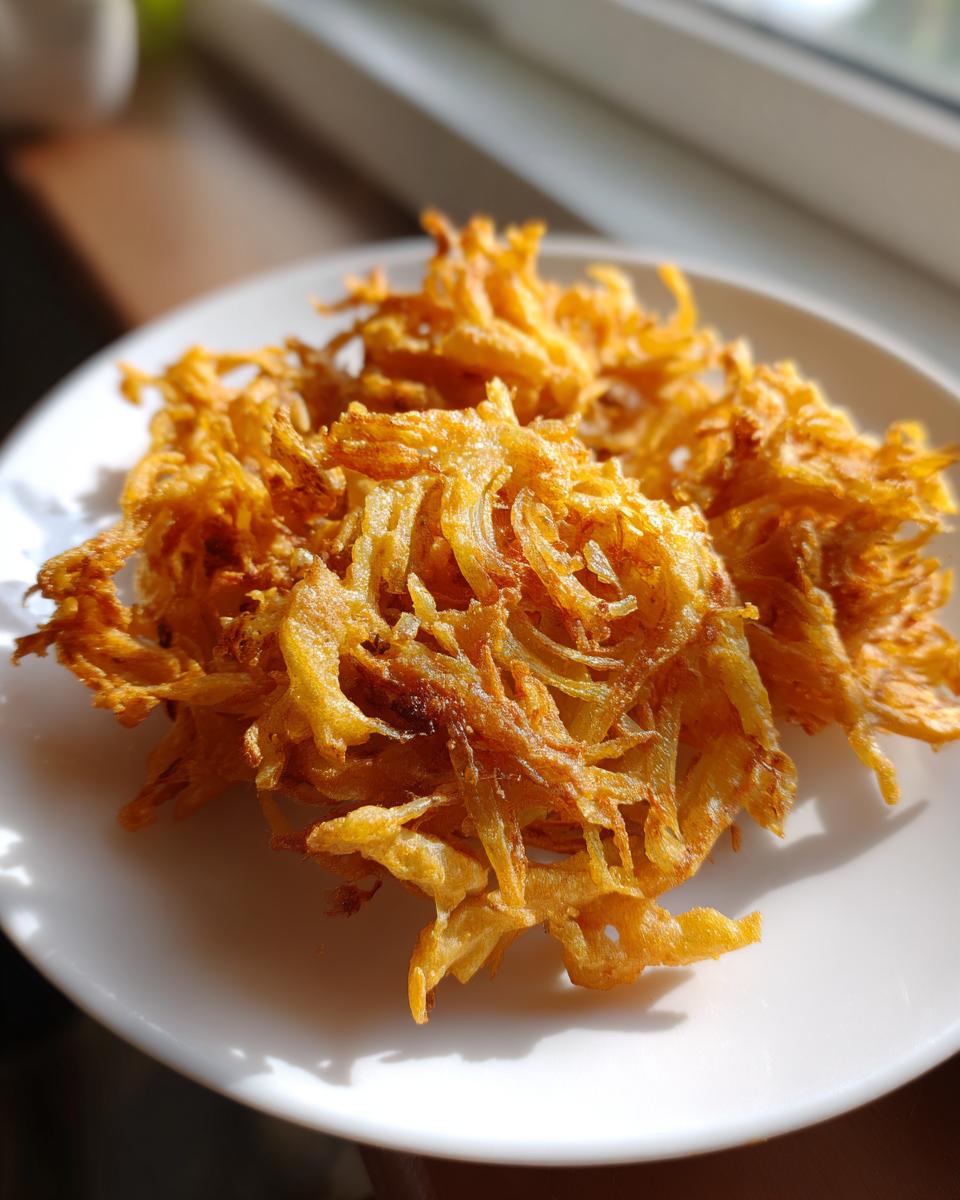 A pile of golden brown, crispy air fryer onion pakora served on a white plate, catching bright sunlight.