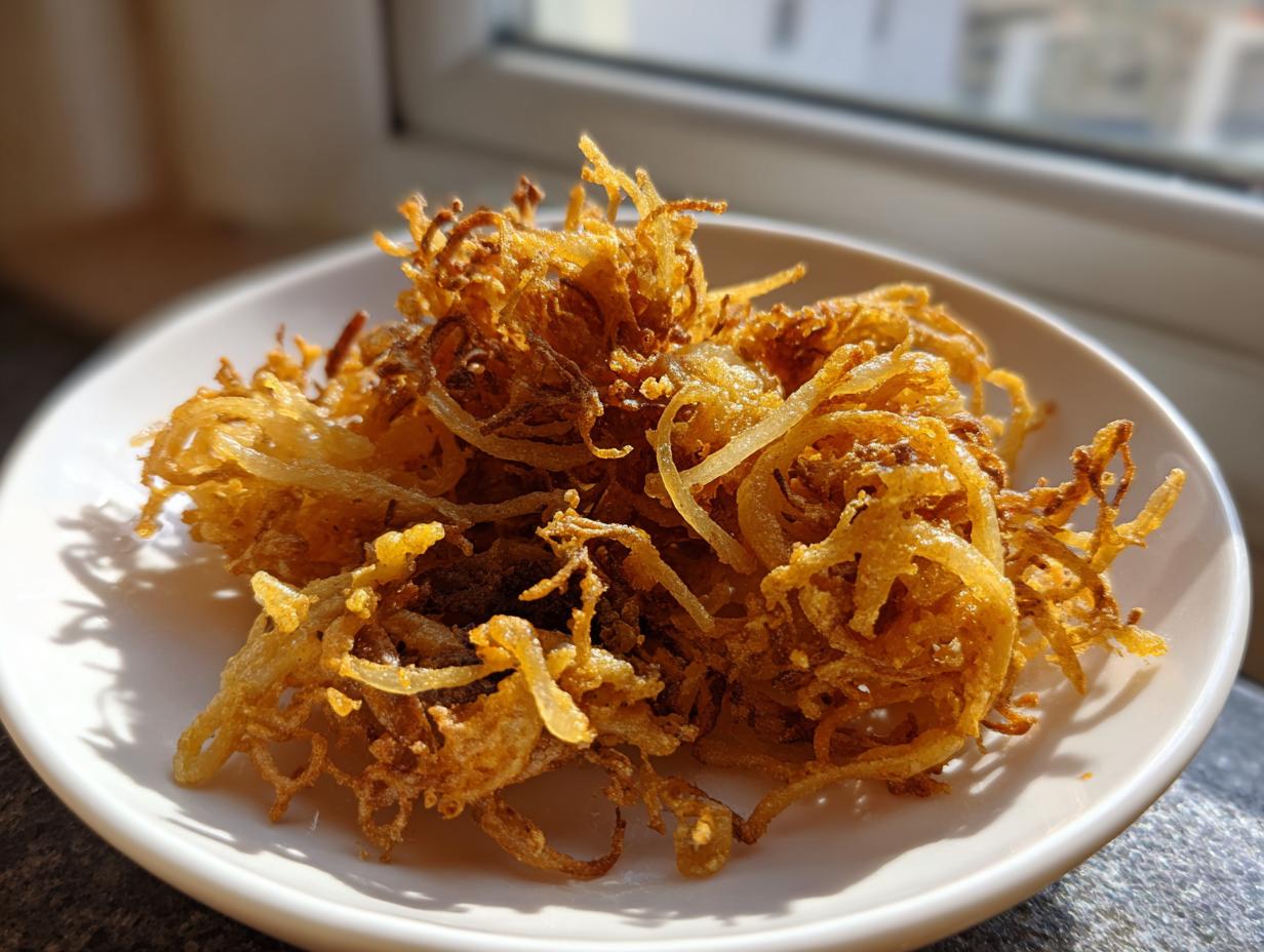 Golden brown, crispy strands of air fryer onion pakora piled on a white plate, illuminated by natural light.