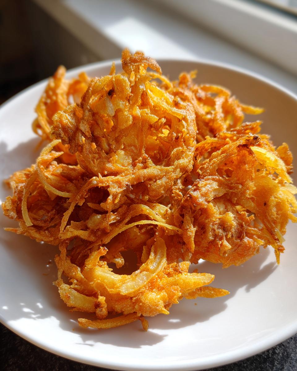 Close-up of several golden brown, crispy air fryer onion pakora piled on a white plate.