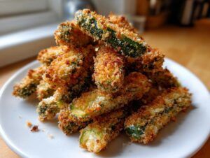 A close-up of a mound of golden brown, crispy air fryer pickle fries stacked high on a white plate.
