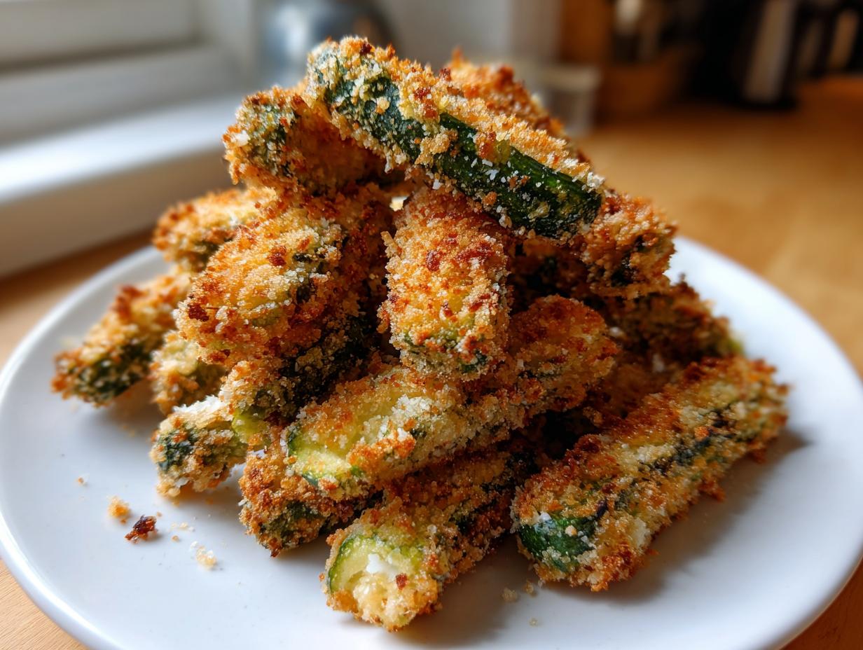 A close-up of a mound of golden brown, crispy air fryer pickle fries stacked high on a white plate.