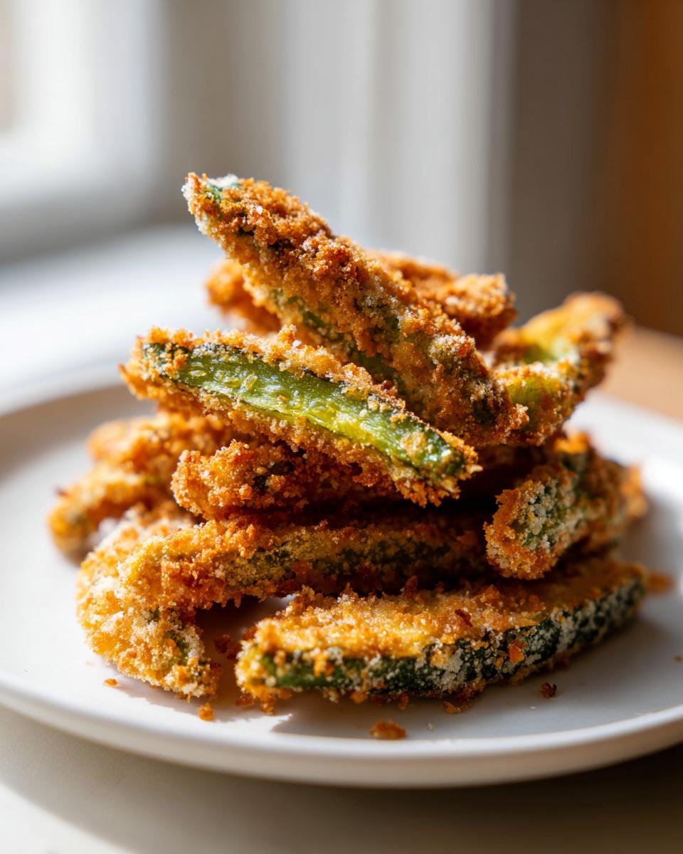 A close-up stack of golden brown, crispy air fryer pickle fries with a visible green interior.