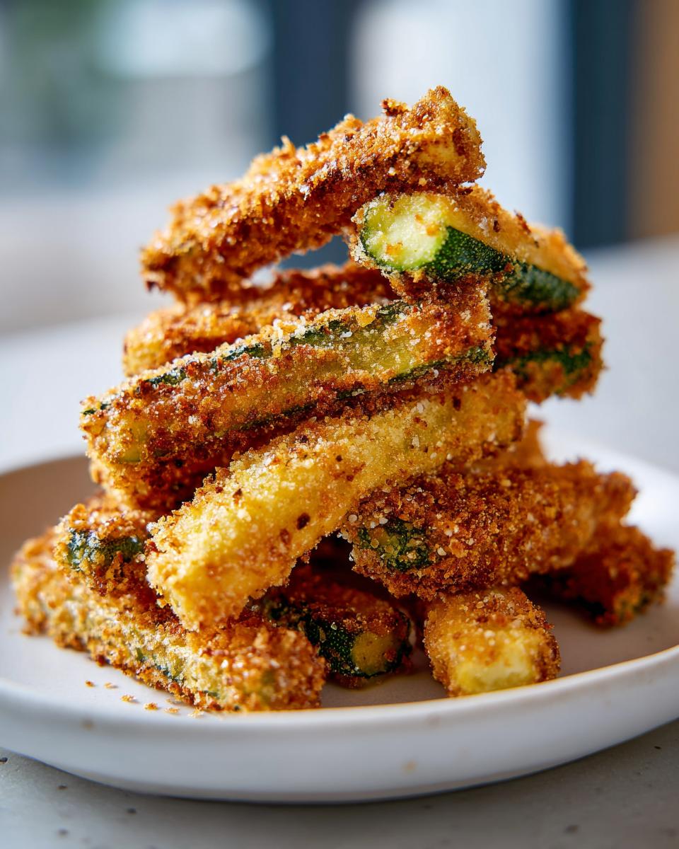 A tall stack of golden brown, crispy air fryer pickle fries made from zucchini sticks on a white plate.