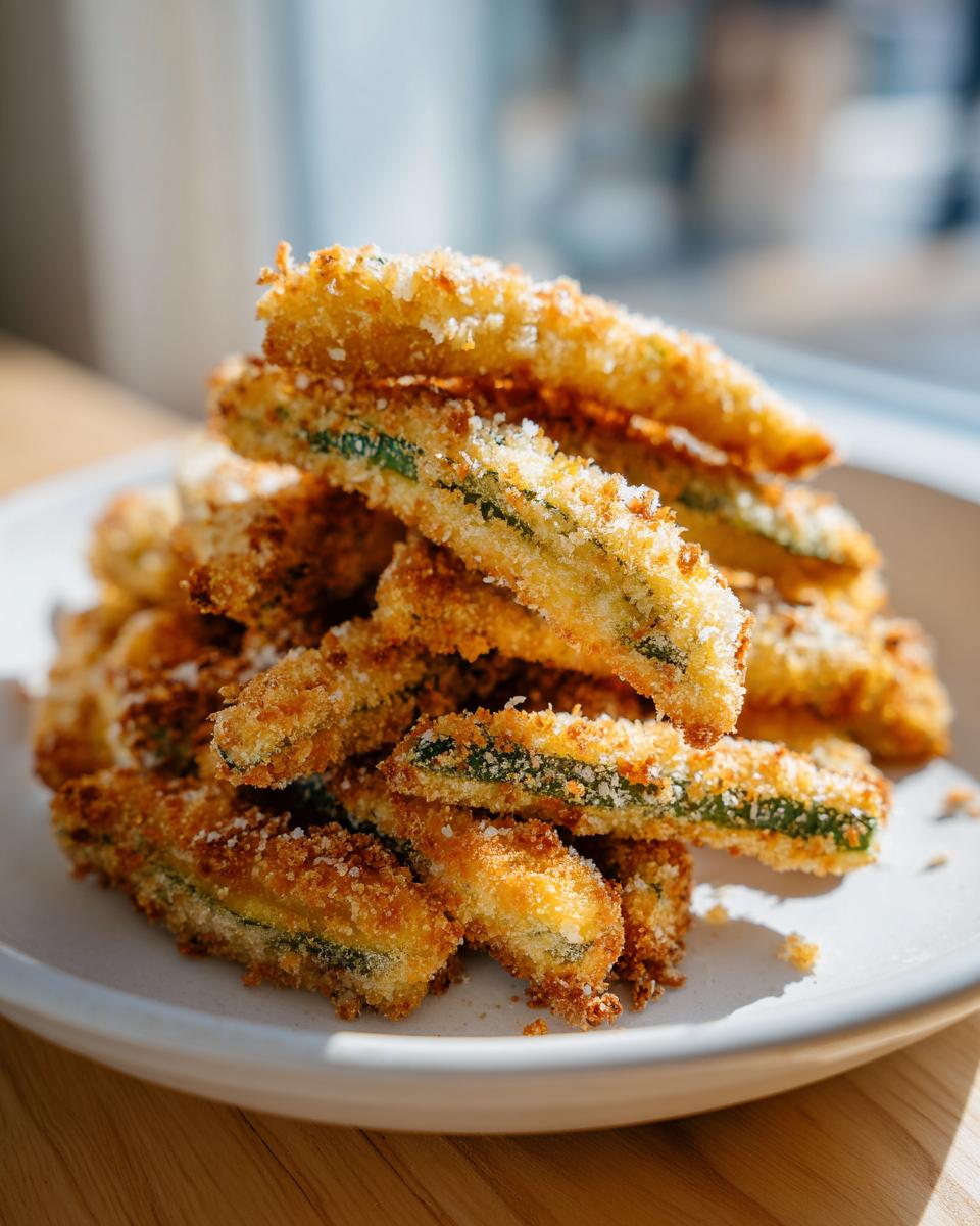 A tall stack of golden brown, crispy air fryer pickle fries coated in breading and parmesan cheese.