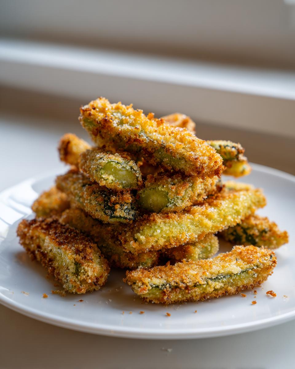 A tall stack of golden brown, crispy air fryer pickle fries on a white plate, ready to eat.