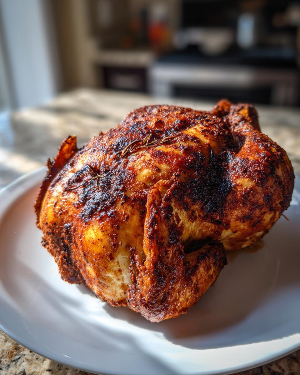 A whole roast chicken with crispy, dark brown skin, seasoned with herbs, ready to eat after being cooked in an air fryer whole roast chicken recipe.