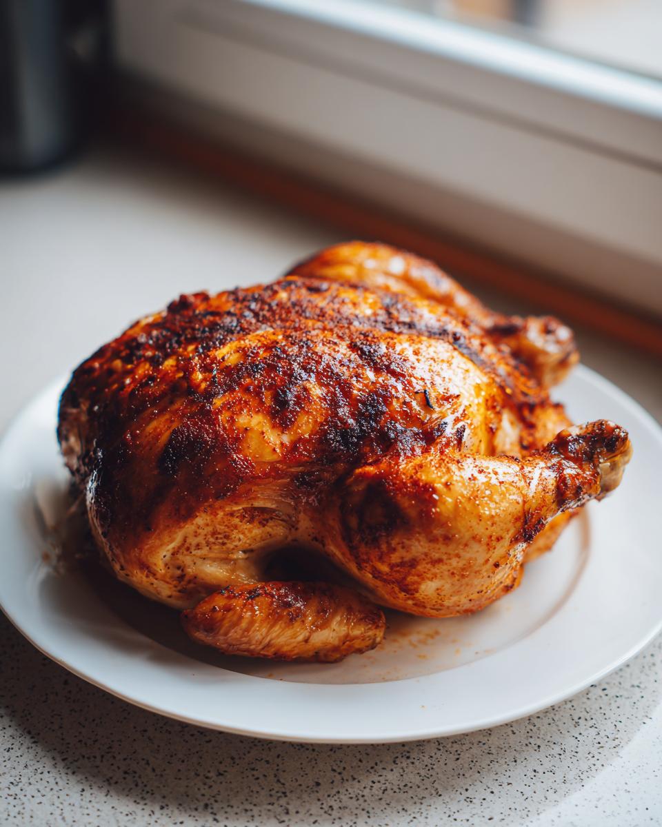 A whole roast chicken with crispy, seasoned skin resting on a white plate, achieved using an air fryer whole roast chicken recipe.