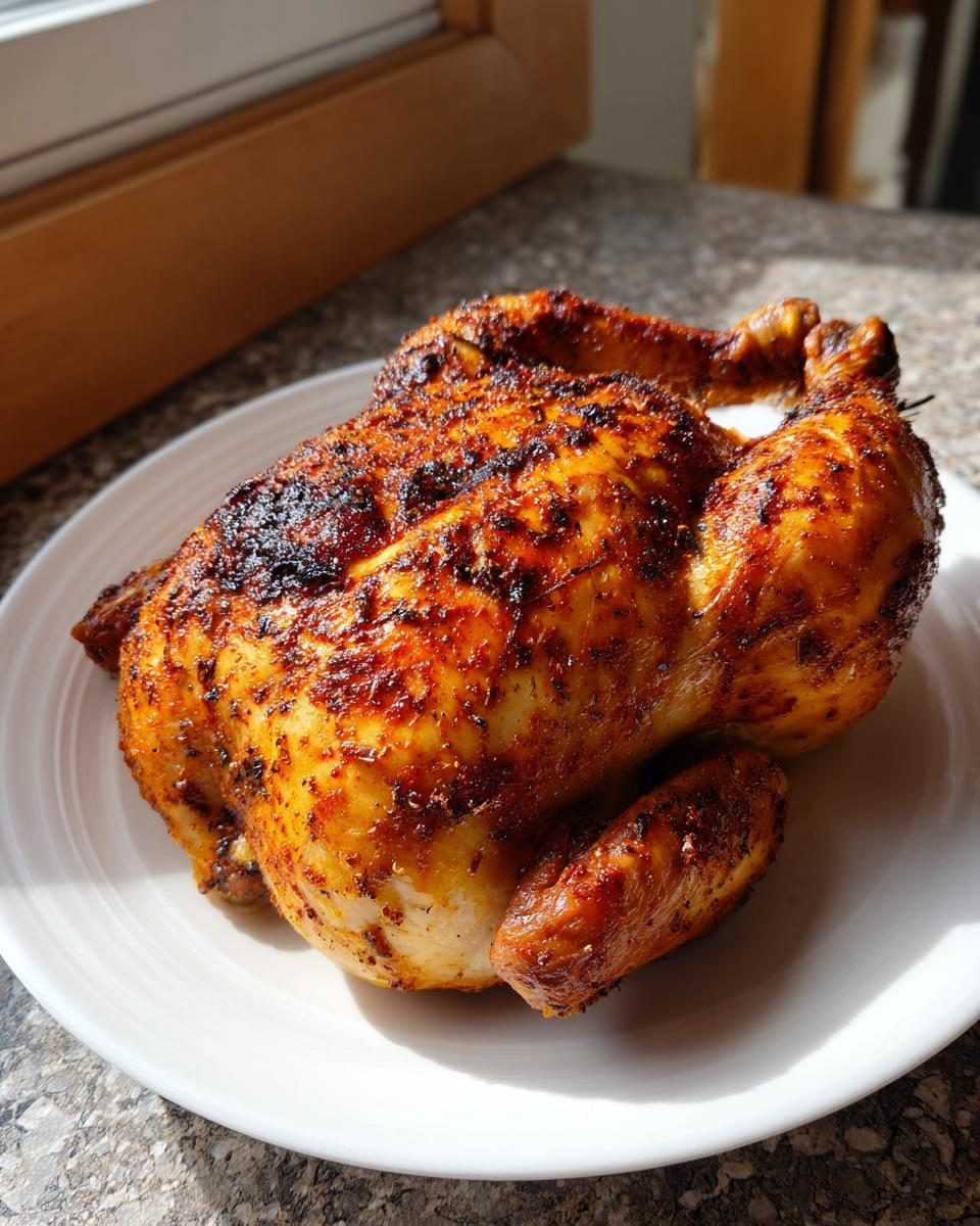 A whole roast chicken with crispy, seasoned skin, fresh from the air fryer, resting on a white plate.