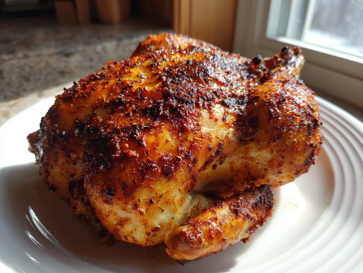 A beautifully cooked air fryer whole roast chicken with dark, crispy, seasoned skin resting on a white plate.