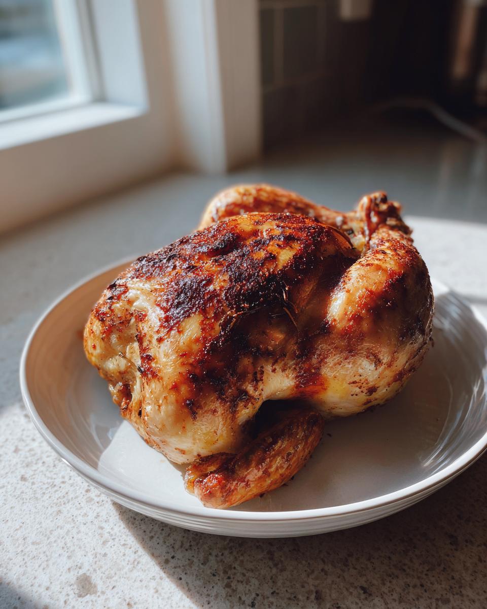 A golden-brown, crispy air fryer whole roast chicken resting on a white plate near a window.