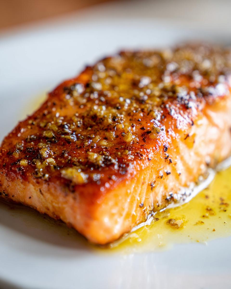 Close-up of a perfectly cooked salmon recipe fillet, glistening with butter and topped with cracked black pepper and garlic.