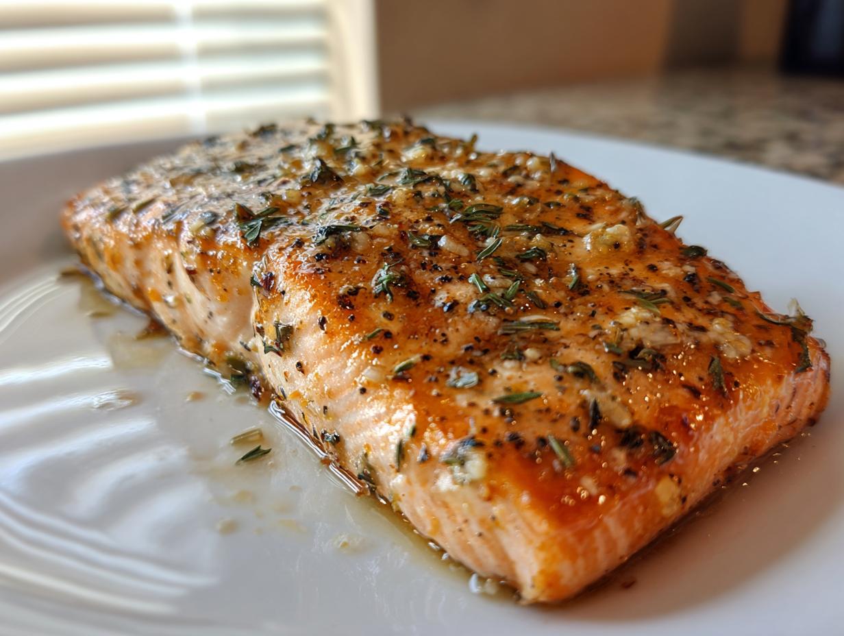 Close-up of a perfectly cooked, glazed salmon recipe fillet topped with garlic and herbs on a white plate.