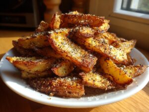A close-up stack of crispy, golden brown potato wedges seasoned heavily with black pepper and grated Parmesan cheese.