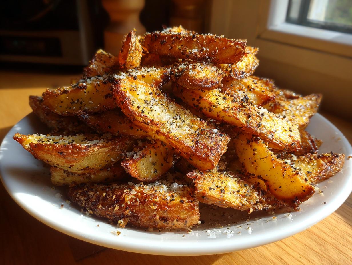 A close-up stack of crispy, golden brown potato wedges seasoned heavily with black pepper and grated Parmesan cheese.