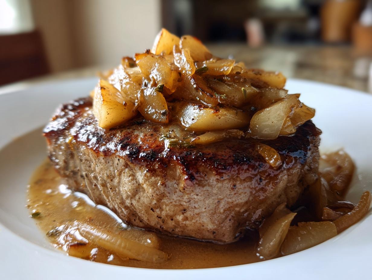 Close-up of a thick, seared apple pork chops topped with caramelized apples and onions in a rich sauce.