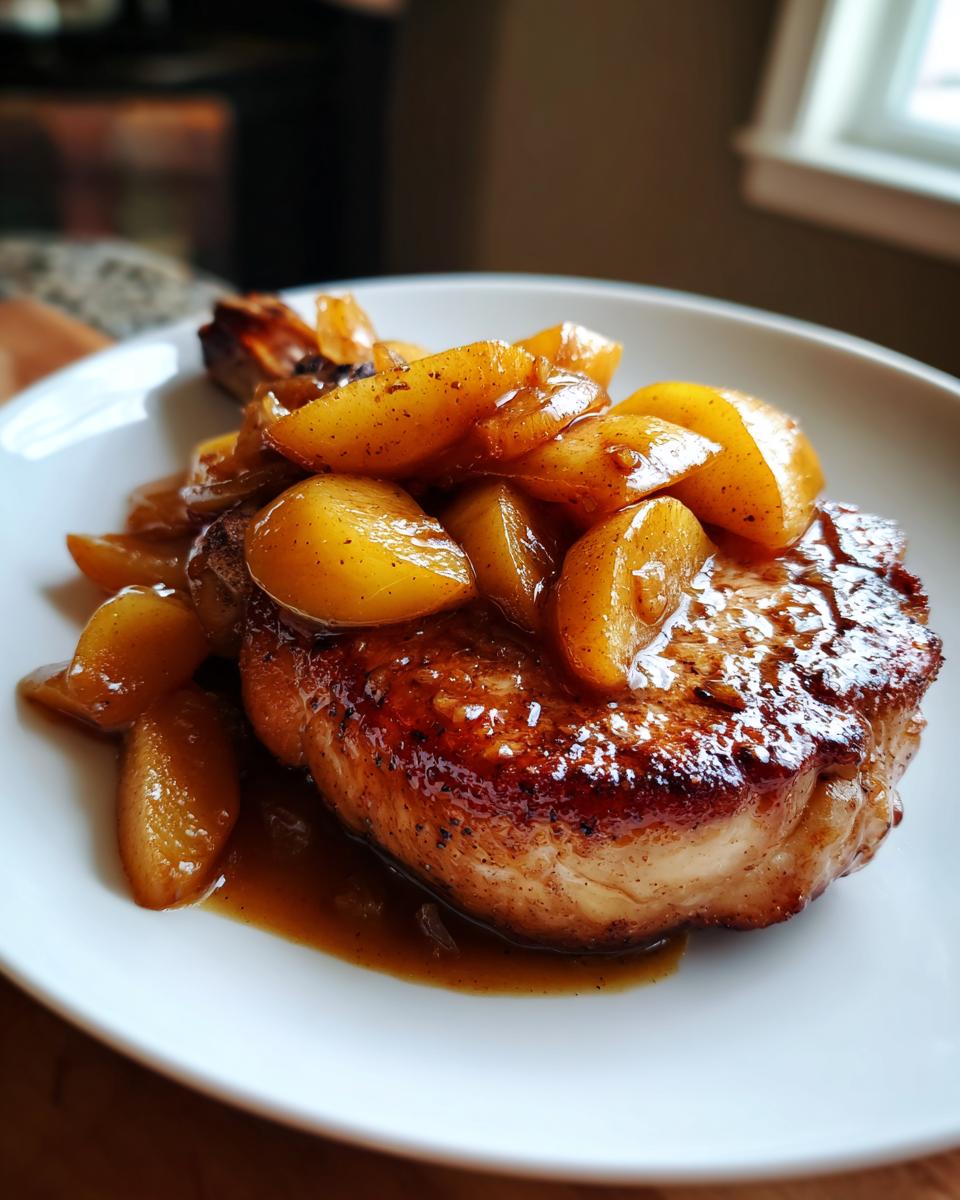 A close-up of a seared pork chop topped generously with caramelized apple slices, showcasing the glaze of the amazing apple pork chops.