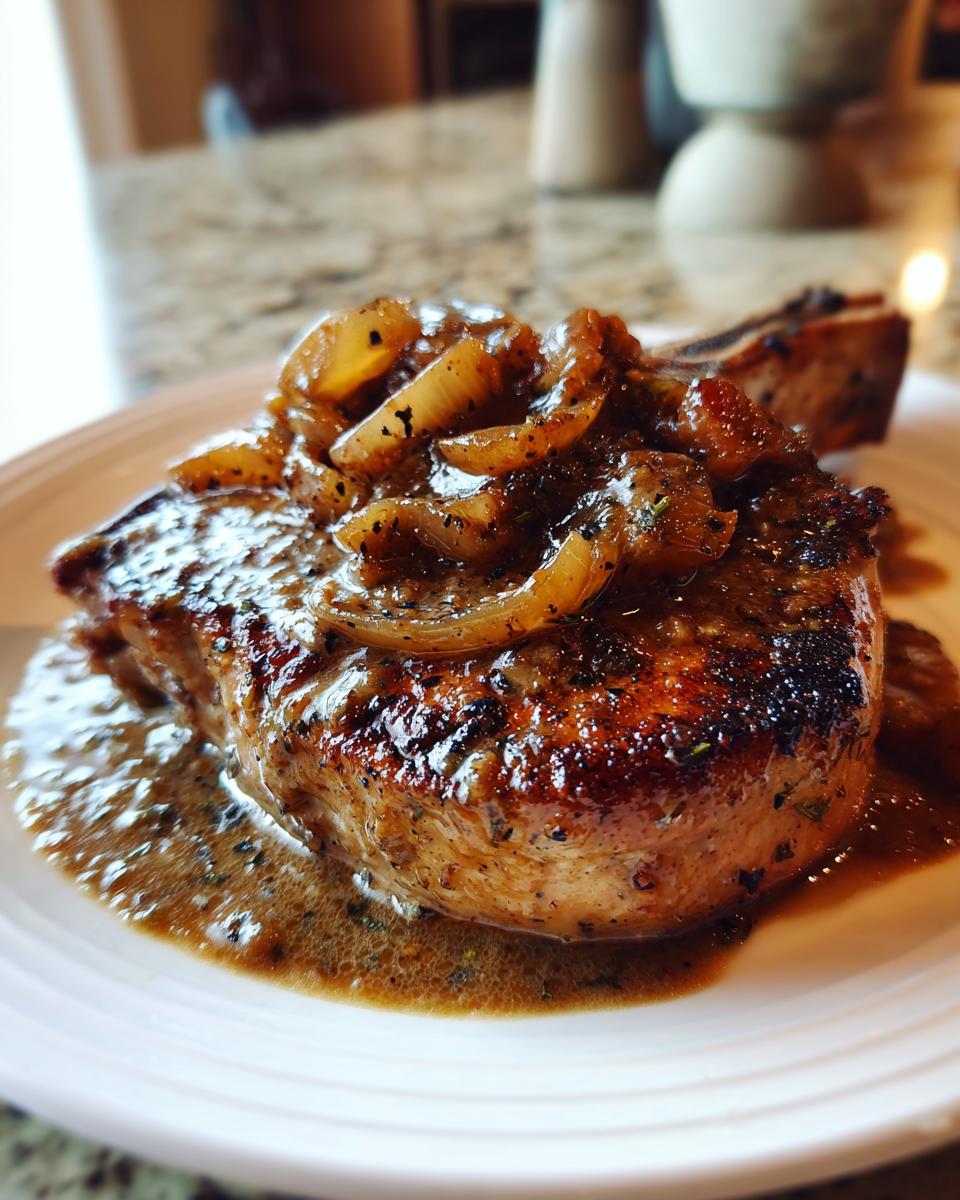 Close-up of a perfectly seared, bone-in apple pork chops covered in a rich brown sauce and topped with caramelized onions.
